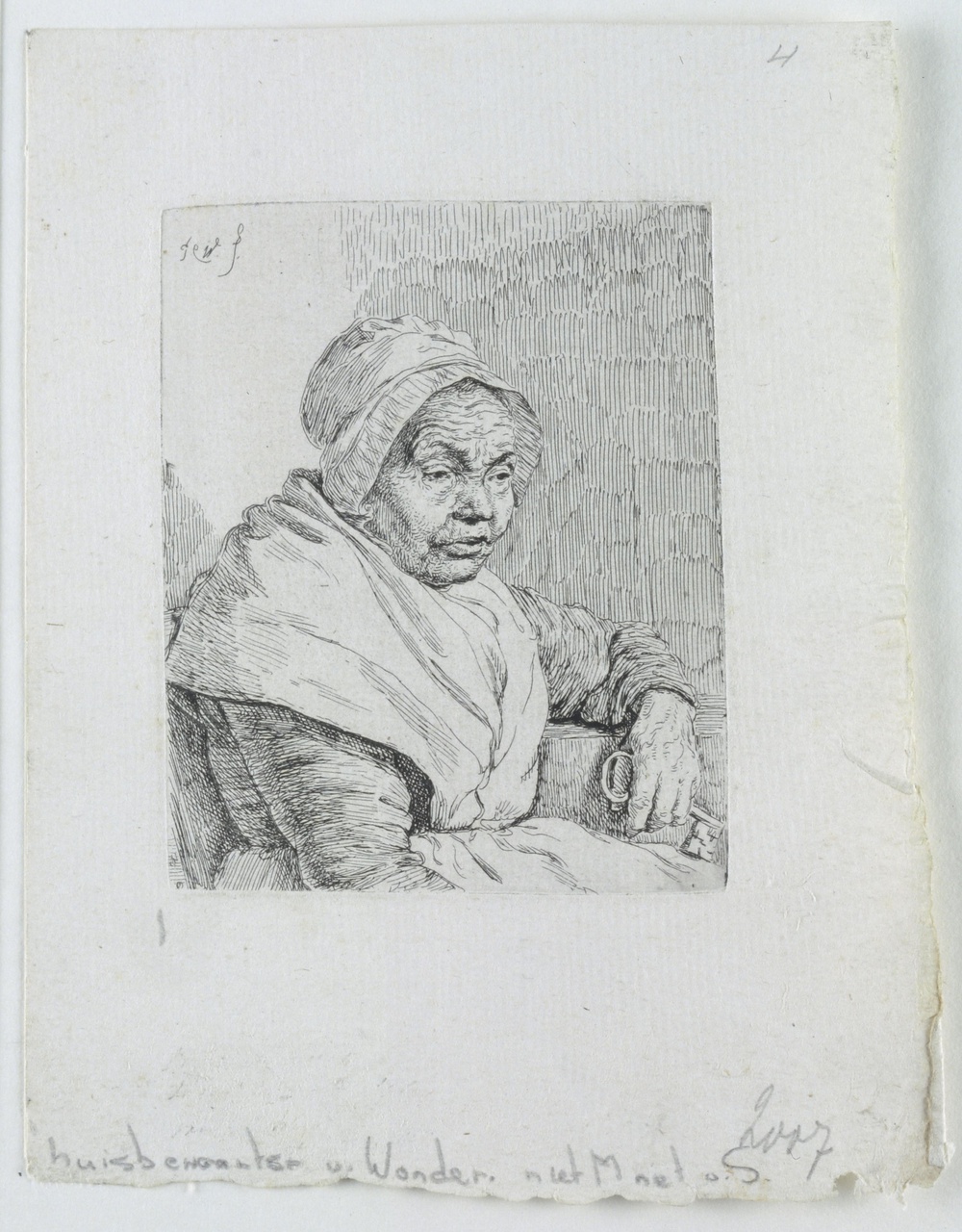 Portret van een zittende oude vrouw