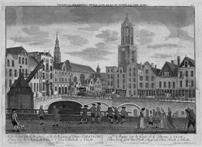 Gezicht op het Utrechtse Stadhuis, de Domtoren en de Kraan