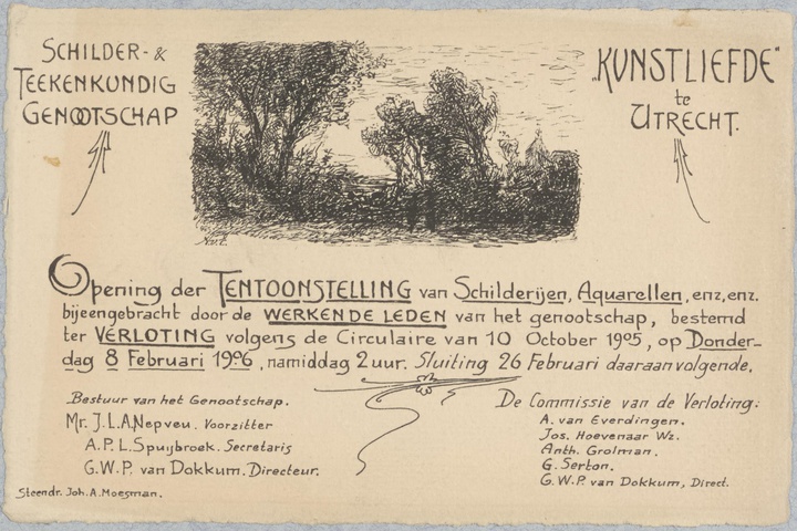 Uitnodiging van Genootschap Kunstliefde voor de opening van een tentoonstelling op donderdag 8 oktober 1906