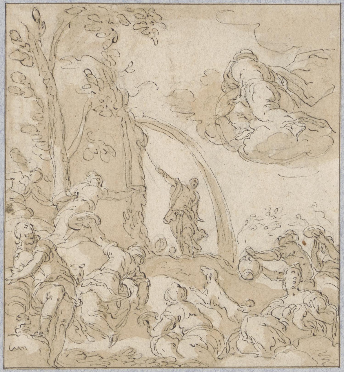 Mozes slaat water uit de rots; verso: Twee vrouwenfiguren