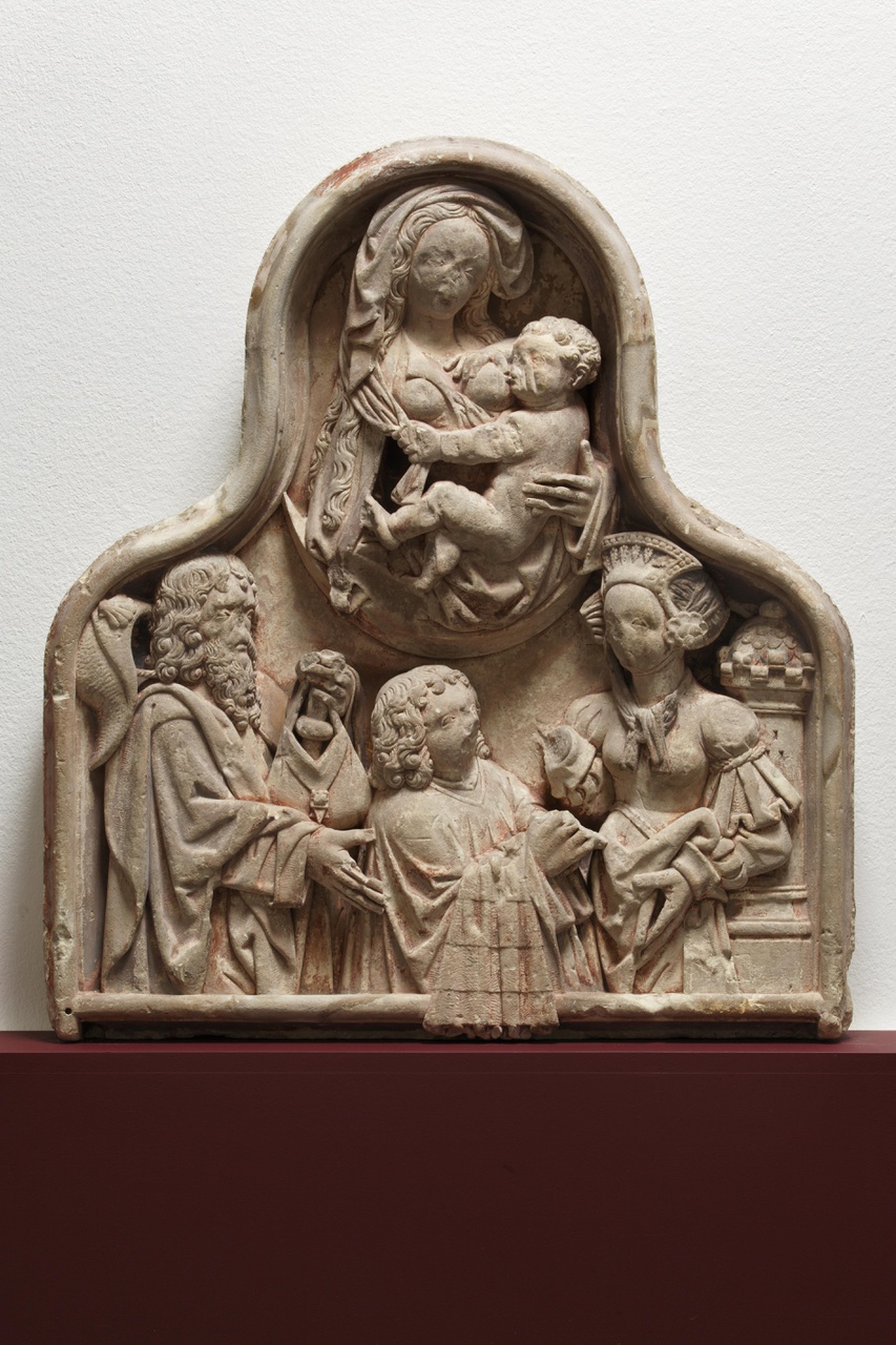 Epitaaf met Maria met Kind (Maria lactans), Sint Jacobus major, Sint  Barbara en een kanunnik