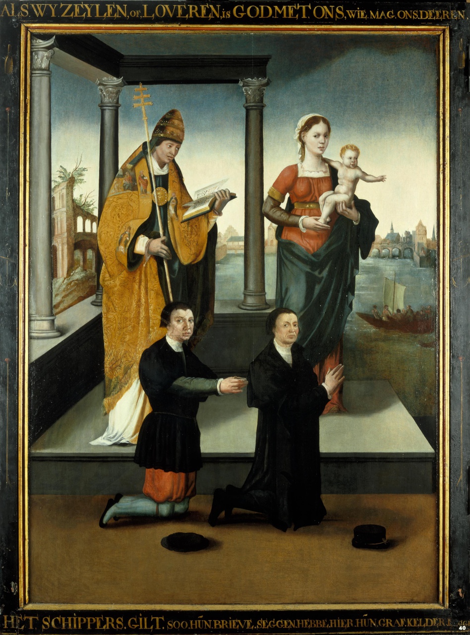 Linkerluik van het drieluik van de schuitenvoerders in de Jacobikerk te Utrecht, met stichtersfiguren en heiligen