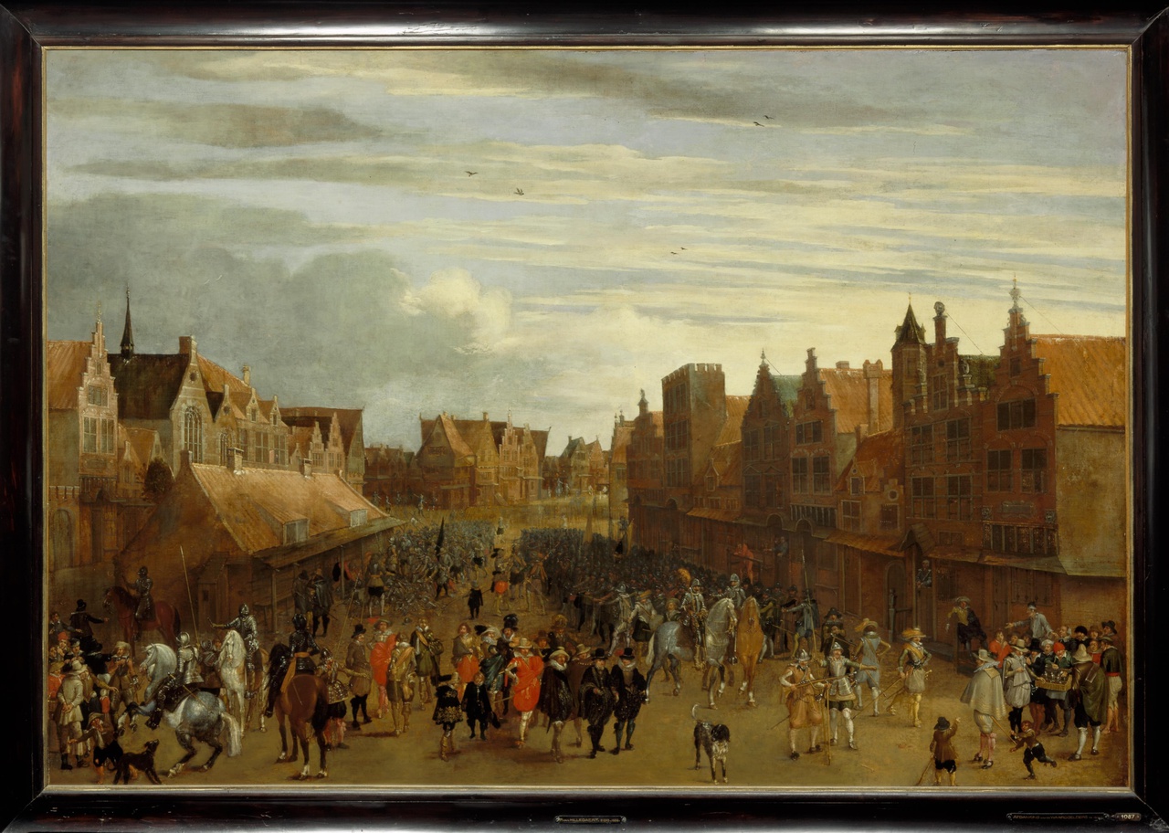 De afdanking van de Waardgelders door prins  Maurits op de Neude te Utrecht in 1618