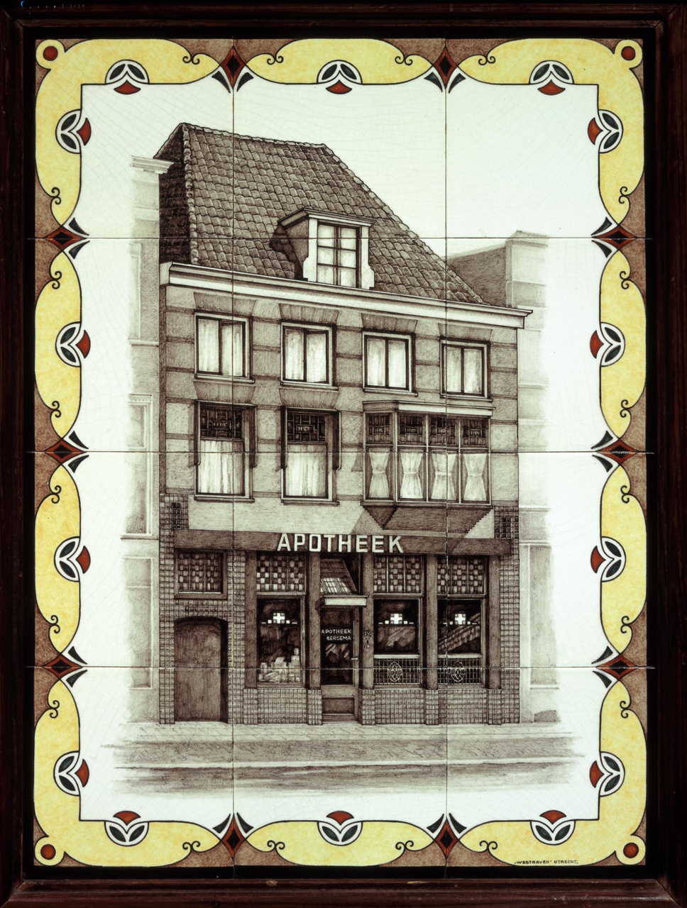 Tegeltableau met afbeelding van apotheek Bergema te Utrecht