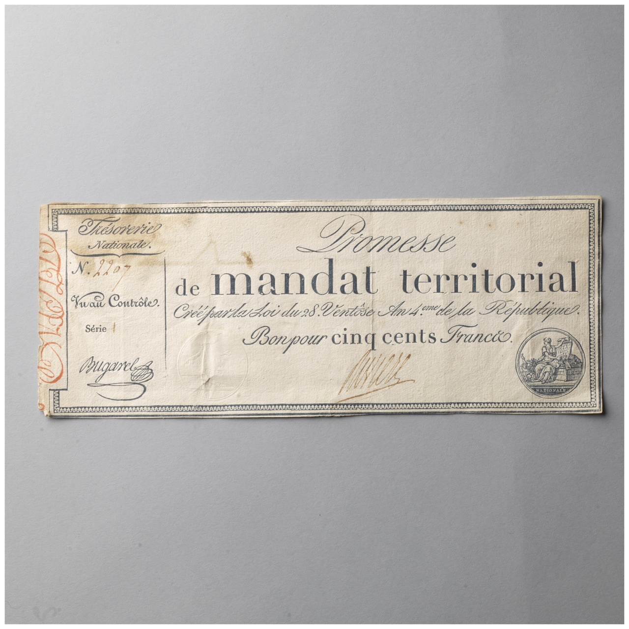 Promesse de mandat territorial van 500 francs