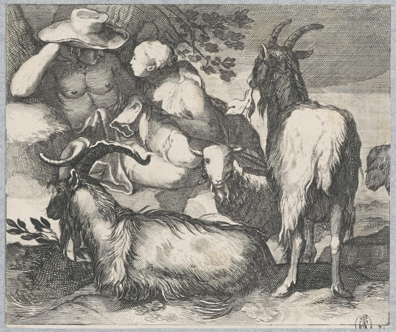 Minnekozend herderspaar bij hun kudde geiten en schapen