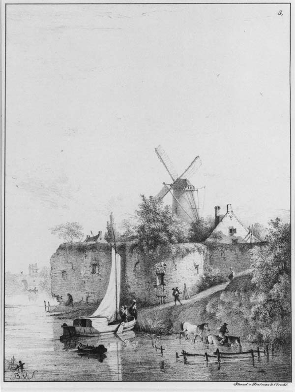 Stadswal met molen en aanlegplaats aan het water
