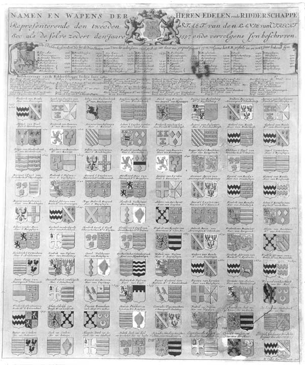 Wapenkaart met de namen en wapens van de leden van de ridderschap en van de ridderhofsteden van Utrecht