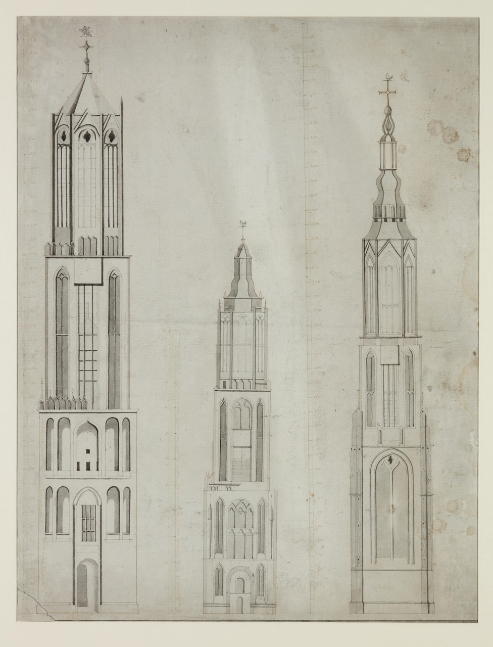 Bouwkundige tekening van de Domtoren , de Cuneratoren te Rhenen en de O.L.V. toren te Amersfoort