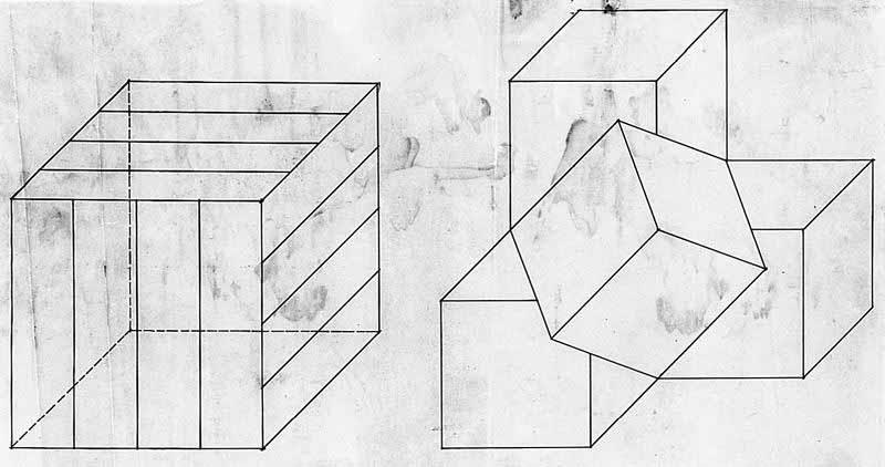 Kubus met constructielijnen en constellatie van vier kubusvormige ruimten
