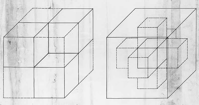 Kubus met constructielijnen en tesseract in kubus