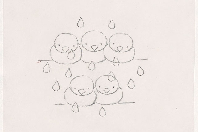 boris en de paraplu, een boek zonder woorden [tweede variant, vogeltjes op takken in de regen, p. 11 en 12 en achterzijde omslag]