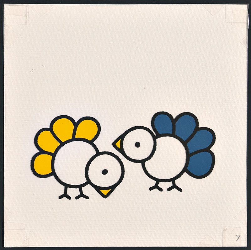 vogel piet [ een vogel met blauwe veren en een met gele op p. 7 en tekst op p. 8]