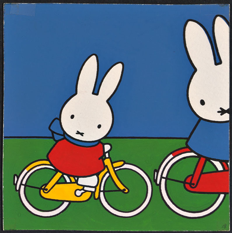 nijntje op de fiets [aangetroffen bij de eerdere versie van het kinderboek; nijntje en moeder pluis op de fiets op p. 18 en tekst op p. 19, niet uitgegeven]