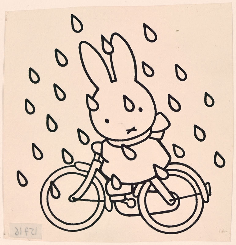 nijntje op de fiets [aangetroffen bij de eerdere versie van het kinderboek; nijntje fiets terug in de regen op p. 25]