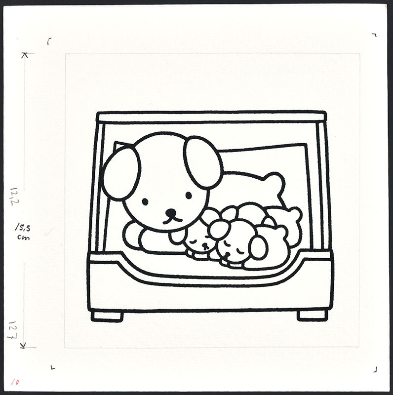de puppies van snuffie [snuffie met puppies in een getimmerde houten bak; niet opgenomen in het kinderboek]