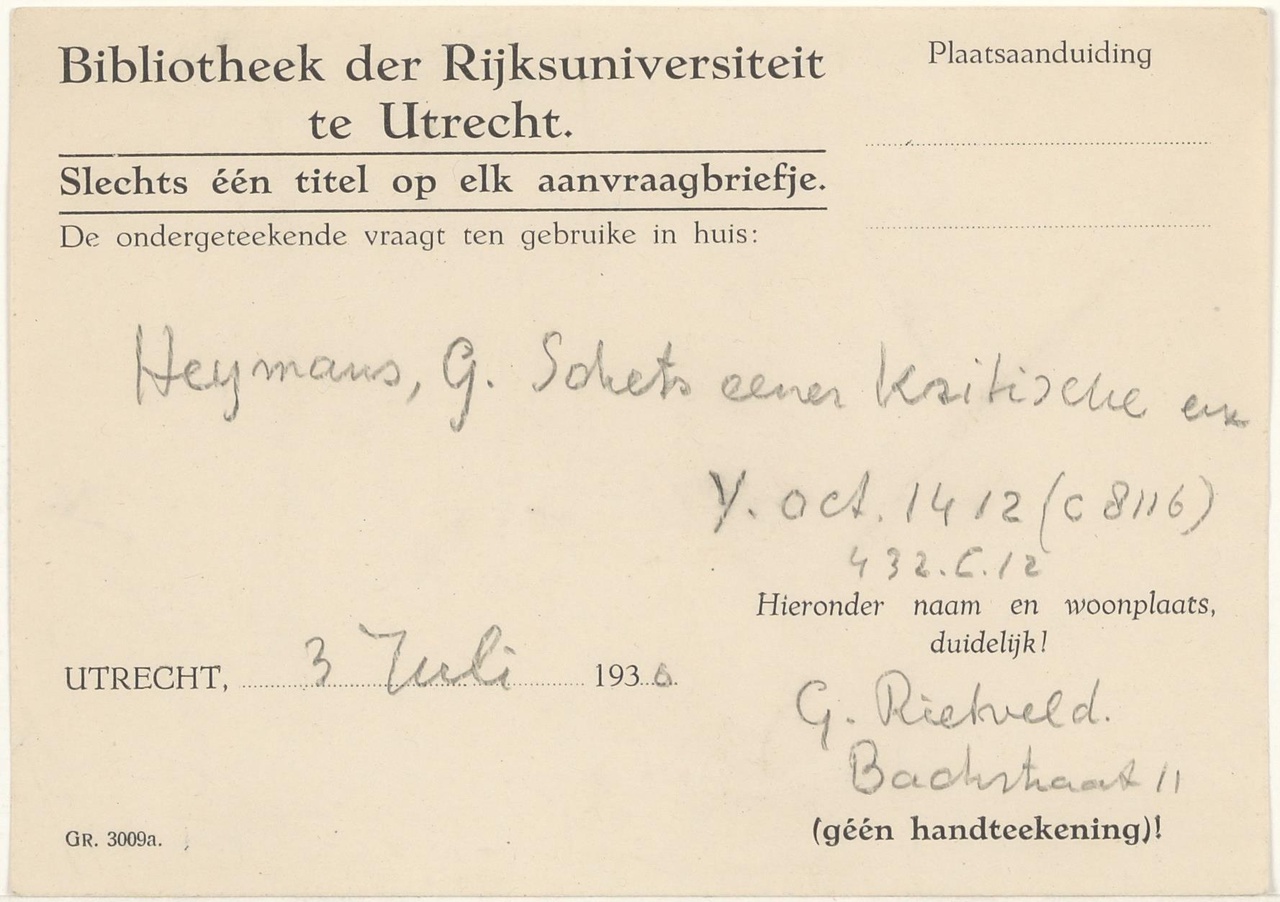 Aanvraagbriefjes boeken G. Heymans Universiteitsbibliotheek Utrecht / Bibliotheek der Rijksuniversiteit te Utrecht, ingevuld door Rietveld