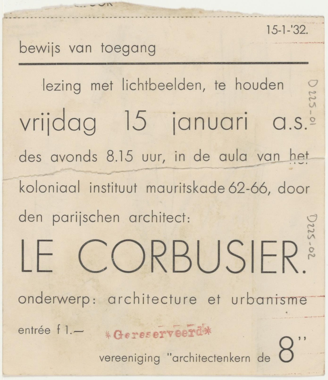 Schetsjes op stukken achterkant van toegangskaartjes voor tentoonstelling Le Corbusier architecture et urbanisme