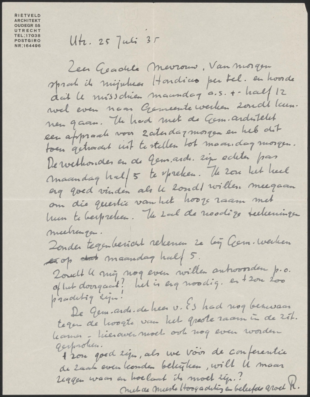 Brief van Gerrit Thomas Rietveld aan Ada Helena von Saher-Crone