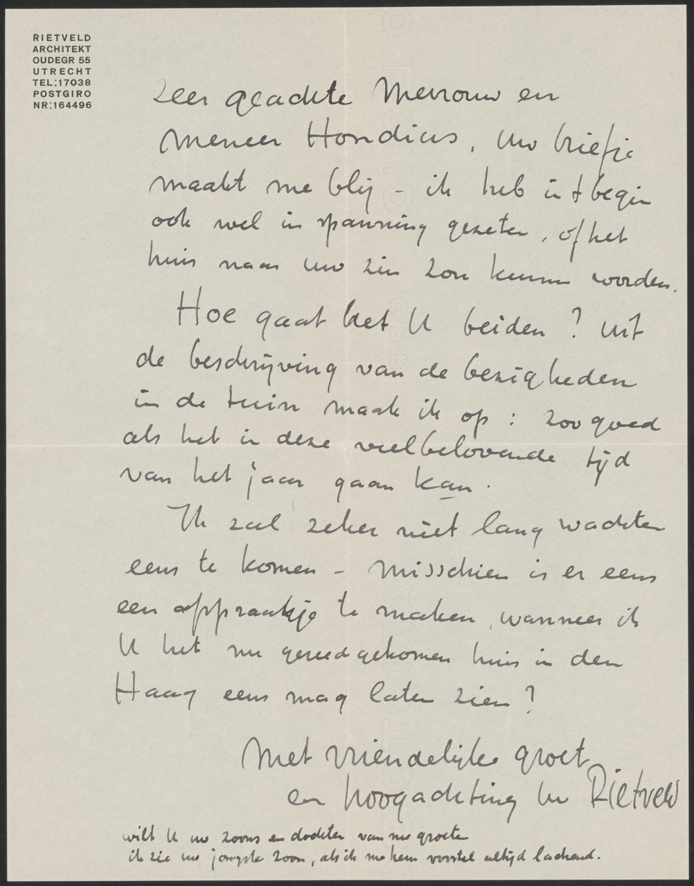 Brief van Gerrit Thomas Rietveld aan mevrouw en meneer Hondius