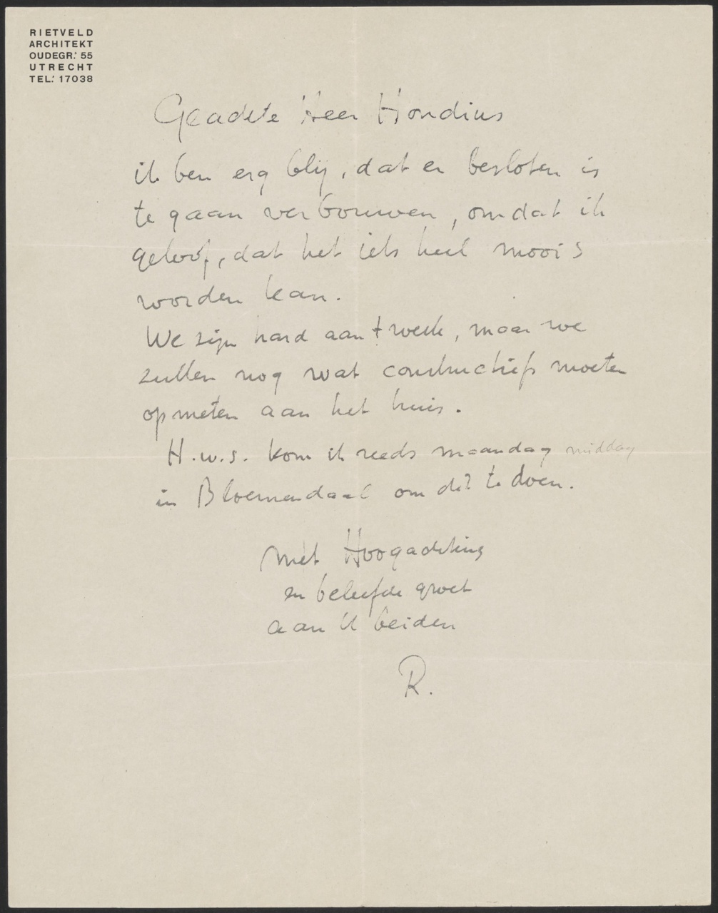 Brief van Gerrit Thomas Rietveld aan meneer Hondius