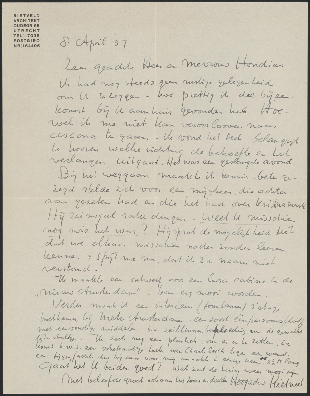 Brief van Gerrit Thomas Rietveld aan meneer en mevrouw Hondius