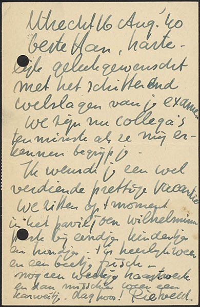 Briefkaart van Gerrit Thomas Rietveld aan Han Schröder
