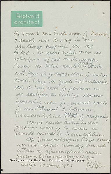 Brief van Gerrit Thomas Rietveld aan Truus Schröder over dat hij een boek zag met de titel 'nu ik je meer dan je halve leven ken' zag en aan Truus moest denken