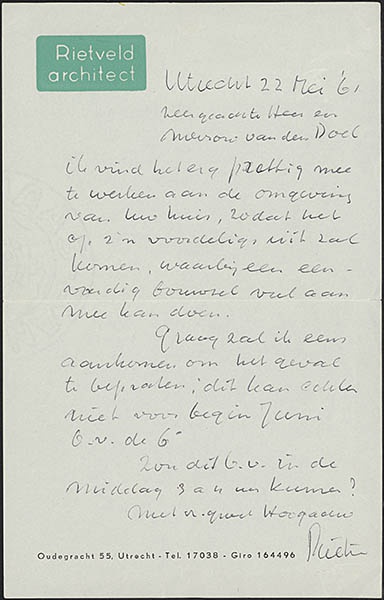 Brief van Gerrit Thomas Rietveld aan echtpaar van den Doel over de omgeving van woonhuis van den Doel