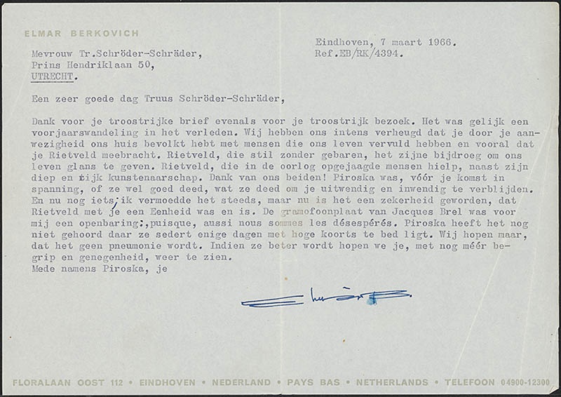 Brief van Elmar Berkovich aan Truus Schröder over het troostrijke bezoek van Truus aan Elmar