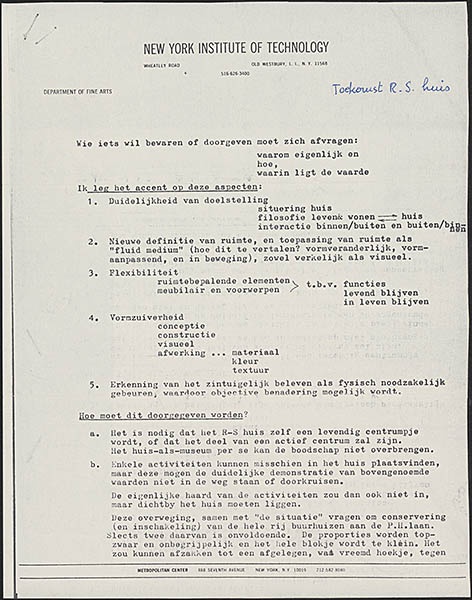 Kopie van brief van Han Schröder aan Marjan Schröder over de toekomst van het Rietveld Schröderhuis