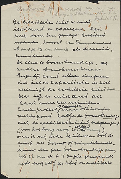 Brief van Gerrit Thomas Rietveld over de titel architect en hoe hij daarnaar kijkt