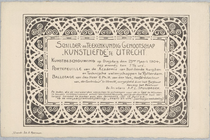 Uitnodiging van Genootschap Kunstliefde voor tentoonstelling op dinsdag 29 maart 1904