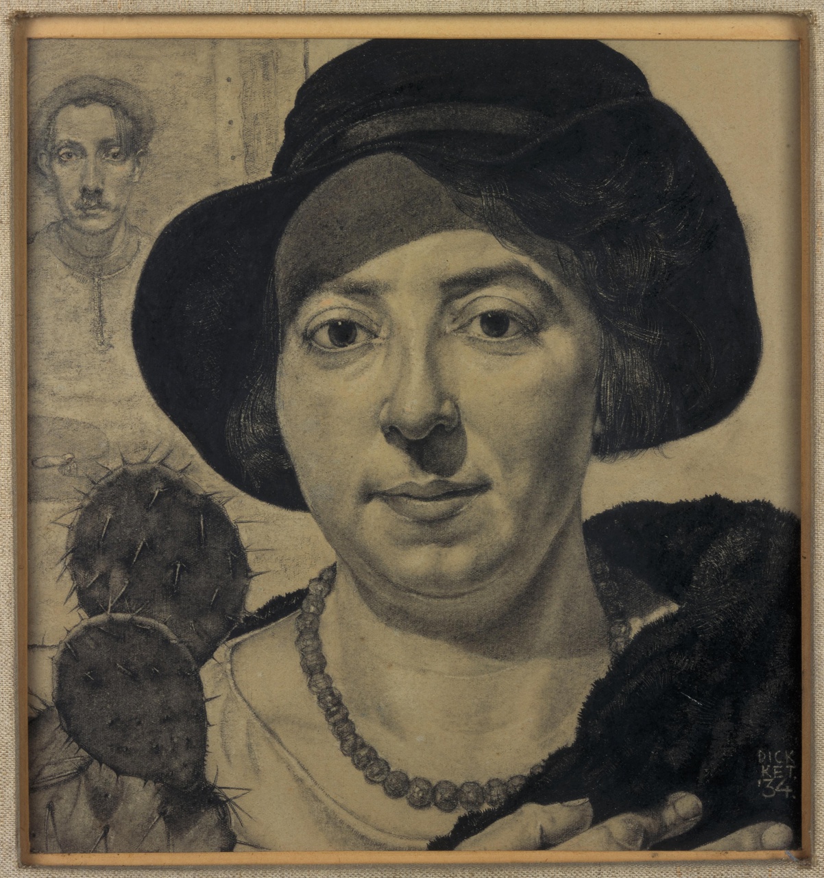 Portret van Nel Schilt met zelfportret van de kunstenaar op de achtergrond