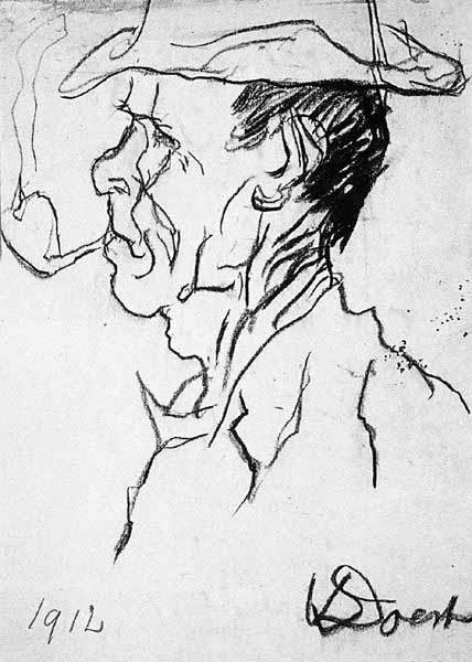 Mannenportret en profil met pijp en hoed