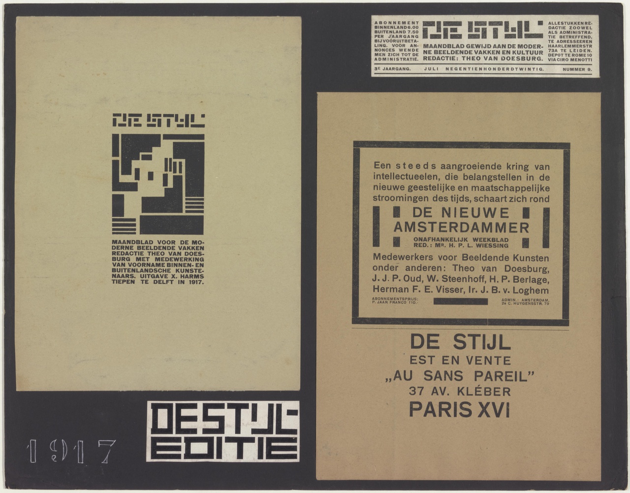 Typografie voor De Stijl, jaargangen 1 (1917) t/m 3 (1920), omslag,  titelpagina en advertentiepagina