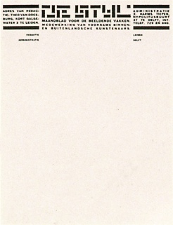 Typografie voor De Stijl, jaargangen 1 (1917) t/m 3 (1920): briefpapier (kleine en grote versie), kwitantie, briefpapier, briefkaart, visitekaartje, perskaart, verzendwikkel, envelop