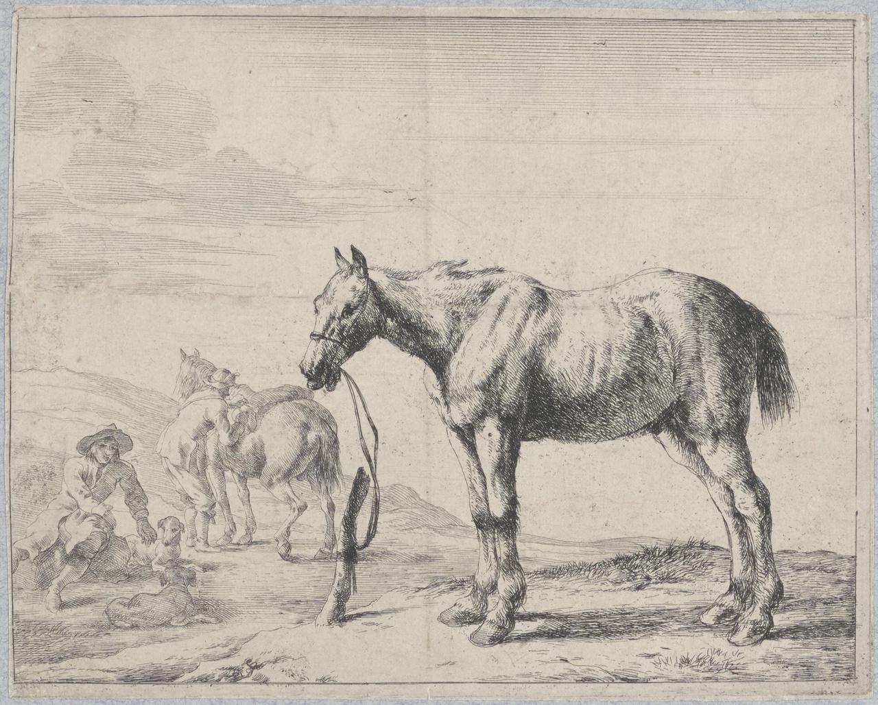 Twee rustende ruiters bij hun paarden en twee honden