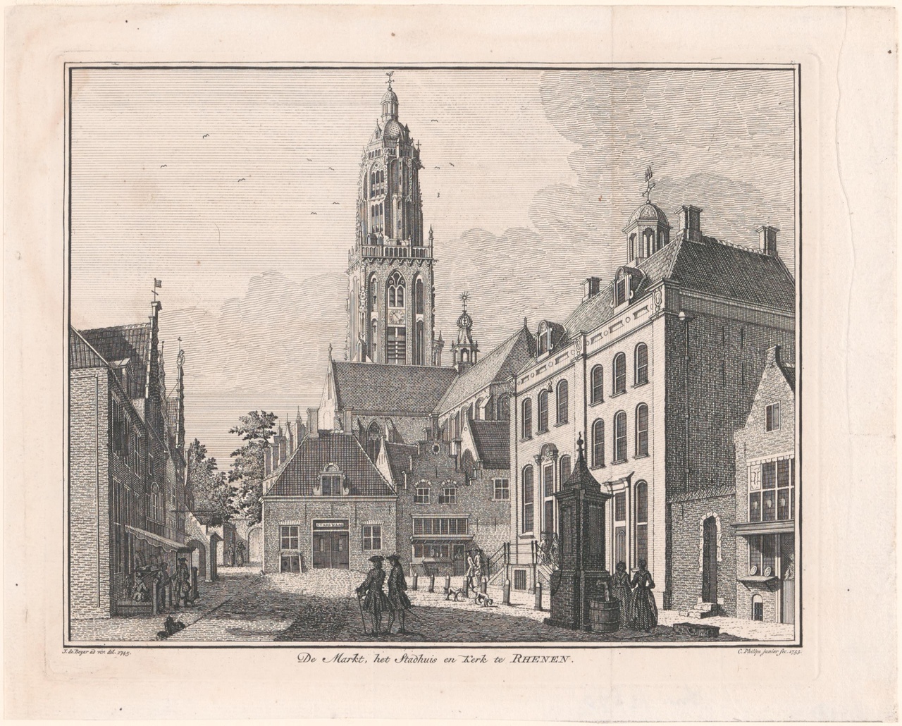 Markt te Rhenen met Stadhuis en St. Cunerakerk