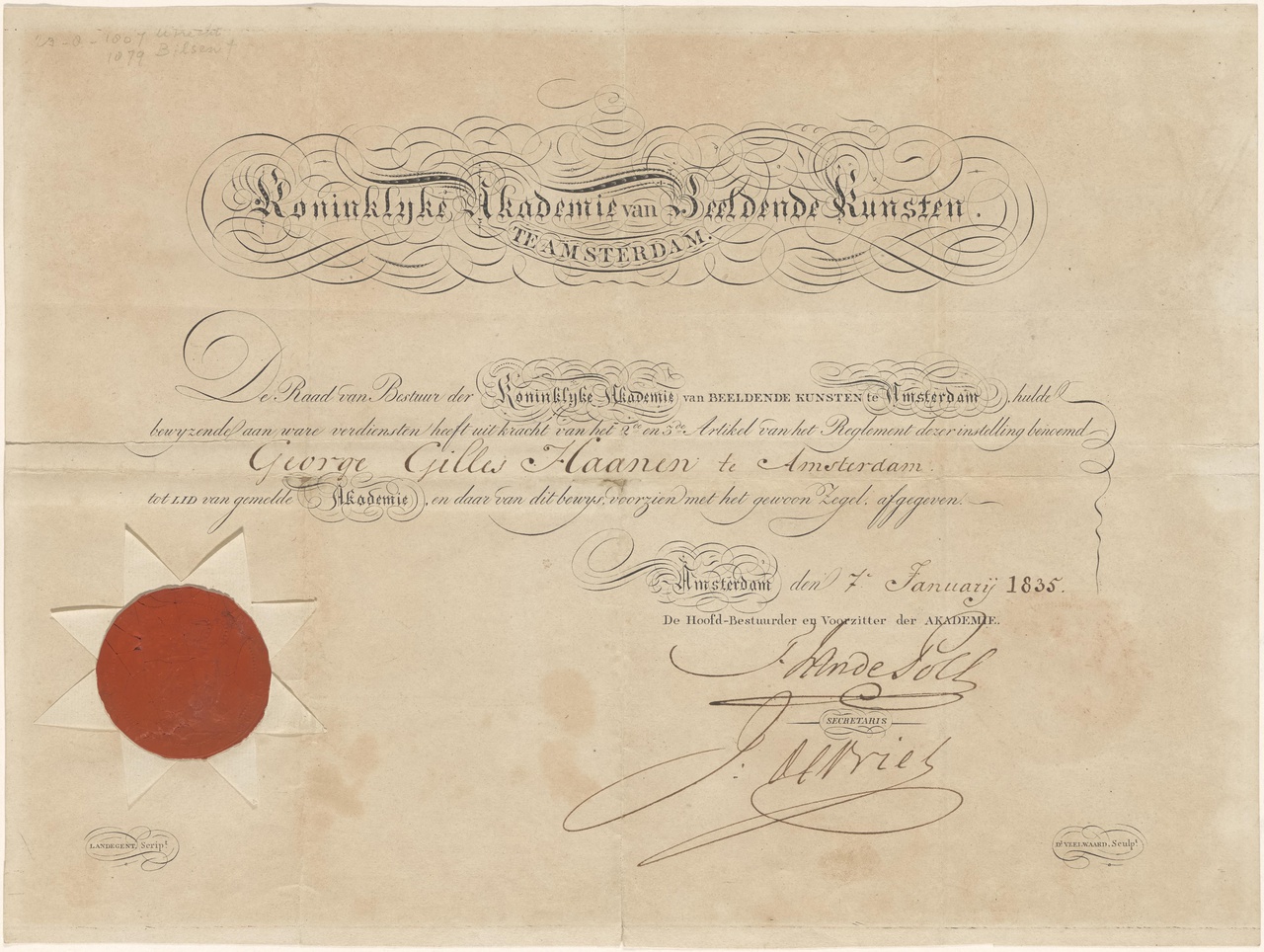 Diploma van George Gillis Haanen (Koninklijke Academie van Beeldende Kunsten Amsterdam)