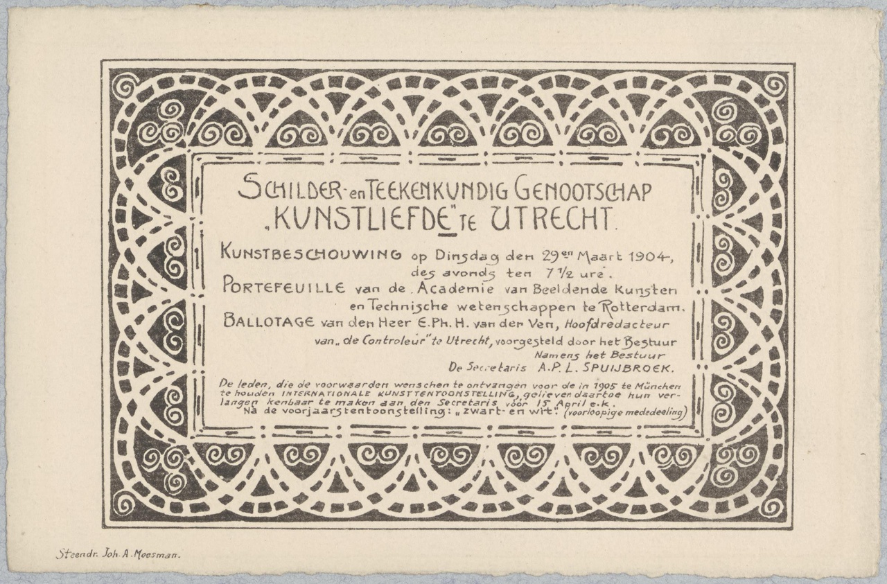 Uitnodiging van Genootschap Kunstliefde voor tentoonstelling op dinsdag 29 maart 1904