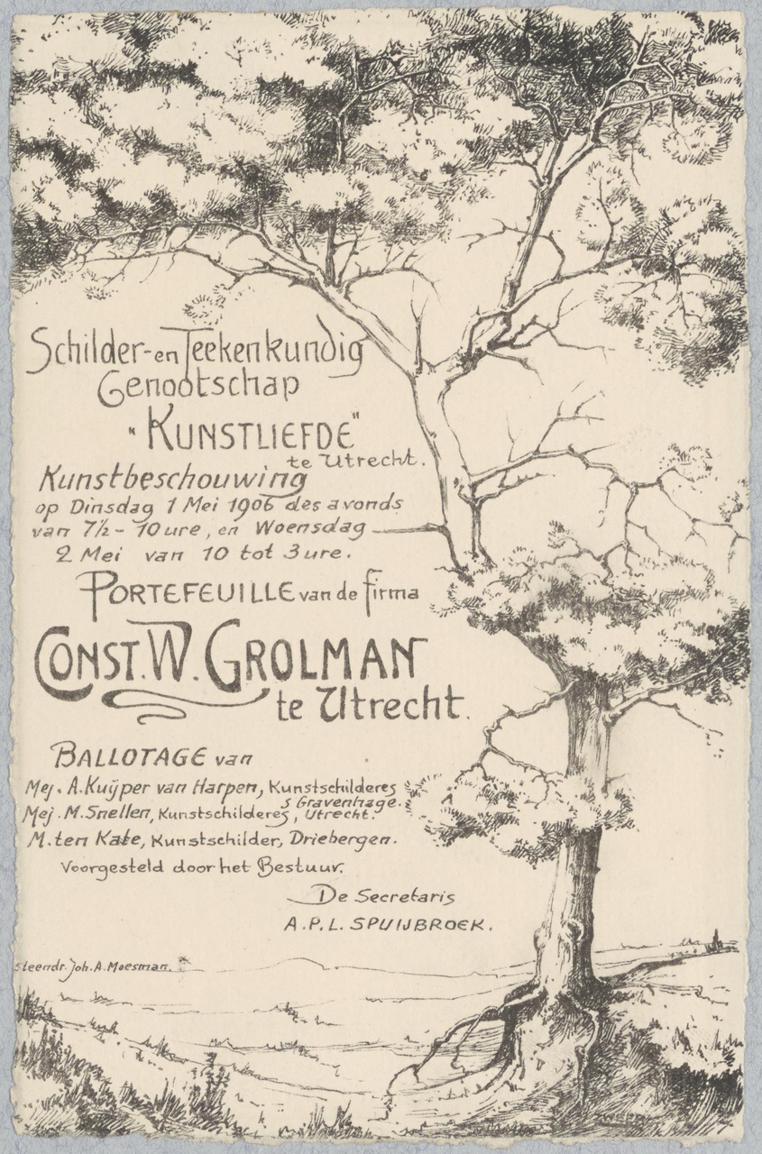 Uitnodiging van Genootschap Kunstliefde voor tentoonstelling op dinsdag 1 mei 1906