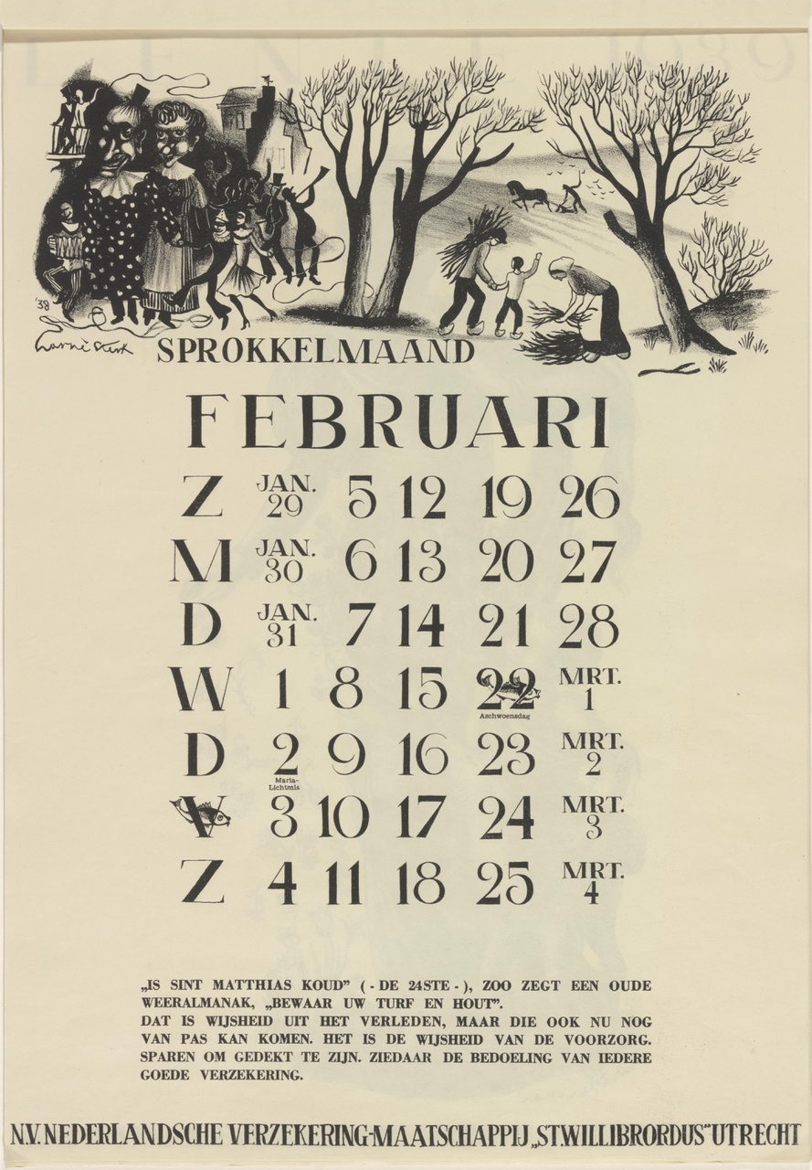 Feestvierende en sprokkelende mensen (kalenderblad, februari)