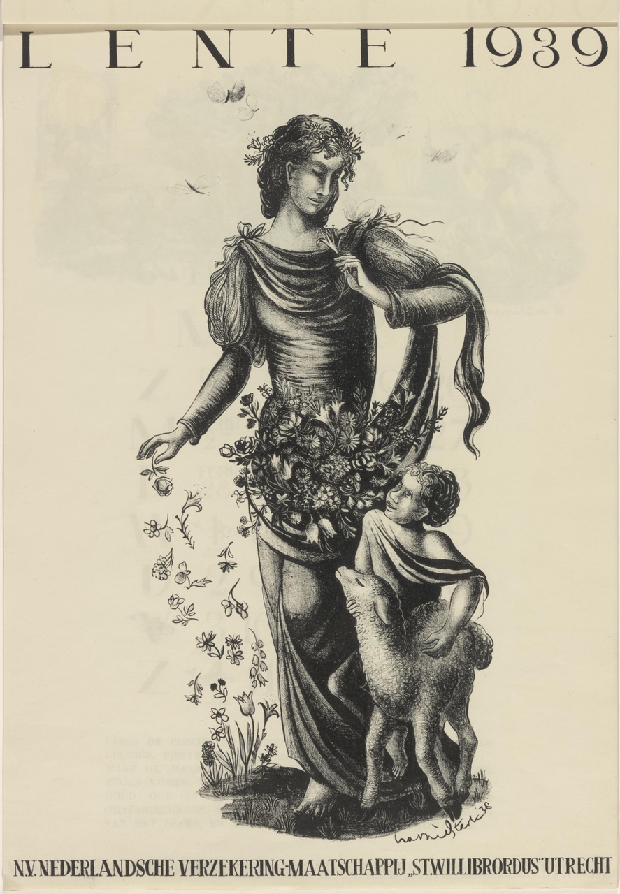 Jonge vrouw met kind en lam (kalenderblad, tussenpagina Lente)