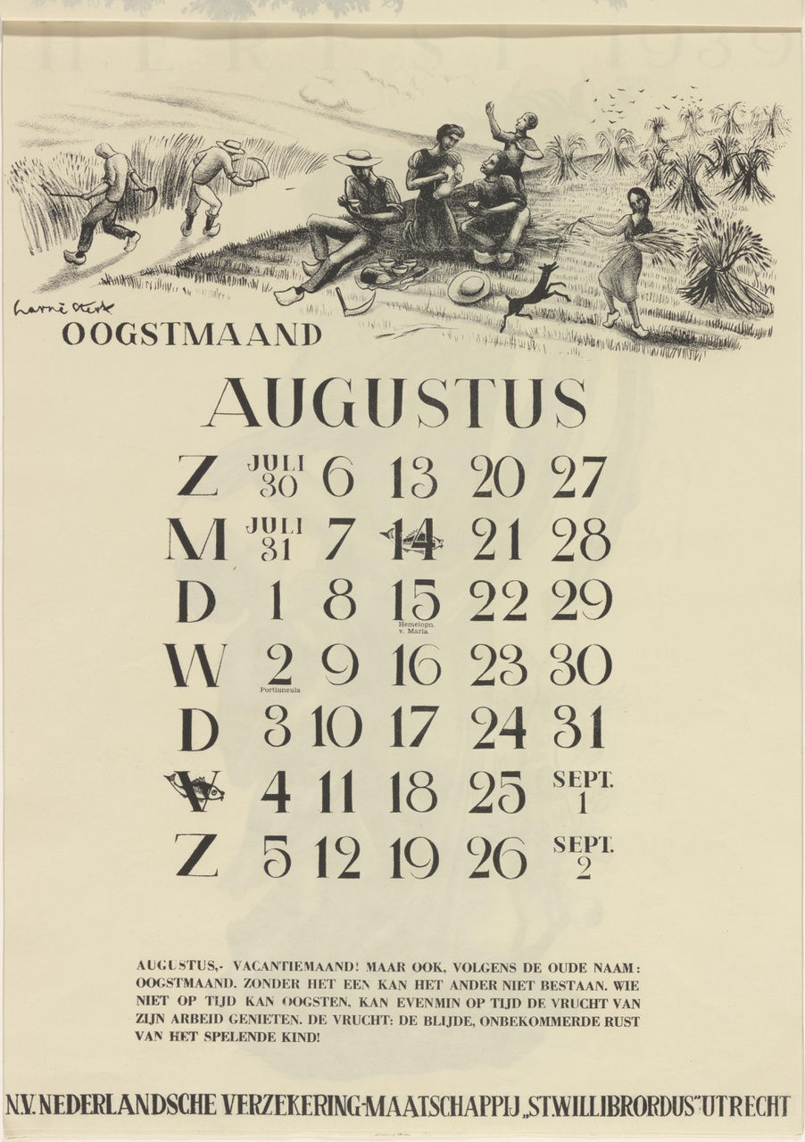 Oogstende boeren (kalenderblad, augustus)