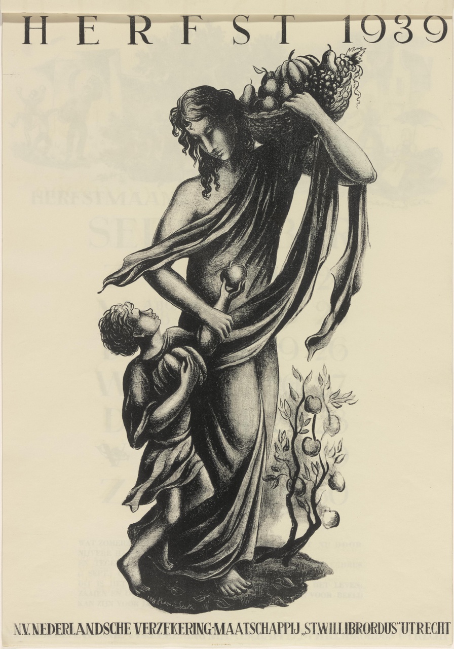 Vruchten dragende vrouw met kind (kalenderblad, tussenpagina Herfst)