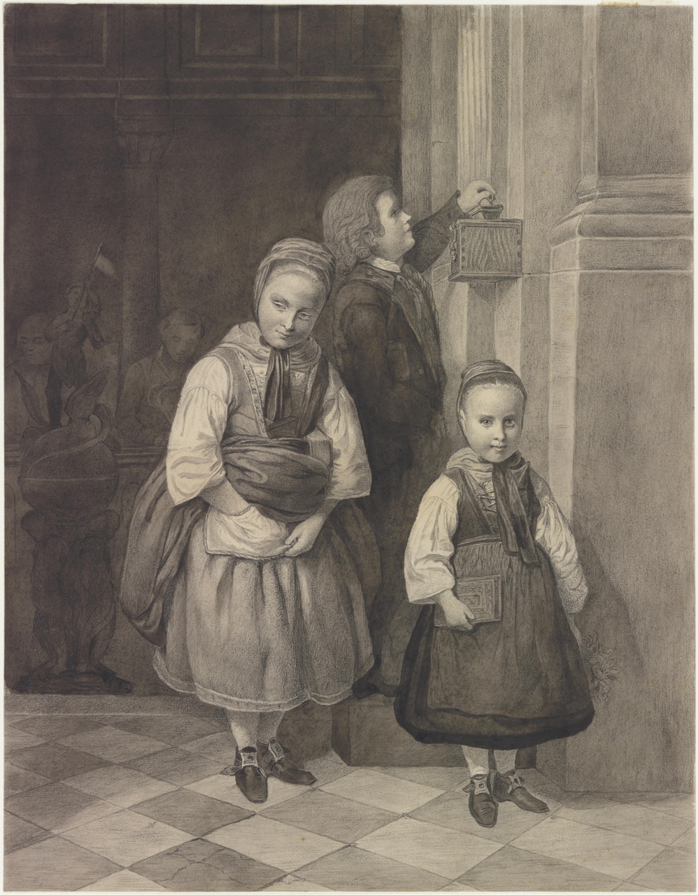 Drie kinderen bij het verlaten van de kerk