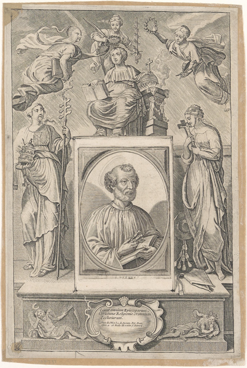Heilige Petrus, in een omlijsting met allegorische figuren
