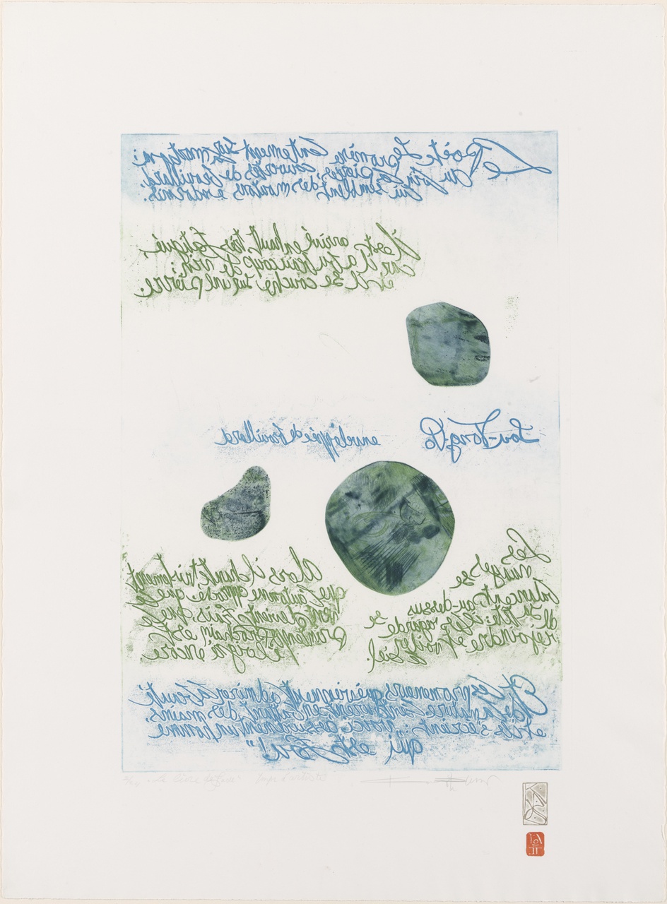 Spiegelschriftdruk: tekst van Chinees gedicht in le livre de Jade: Li-Oey: Le poète se promène sur la montagne enveloppée de brouillard