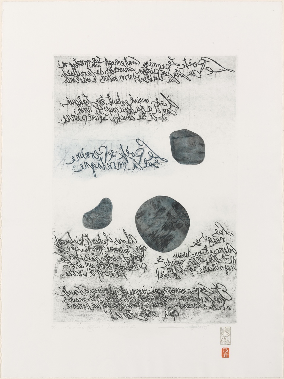 Spiegelschriftdruk: tekst van Chinees gedicht in le livre de Jade: Li-Tong-Po: Le poète se promène sur la montagne enveloppée de brouillard